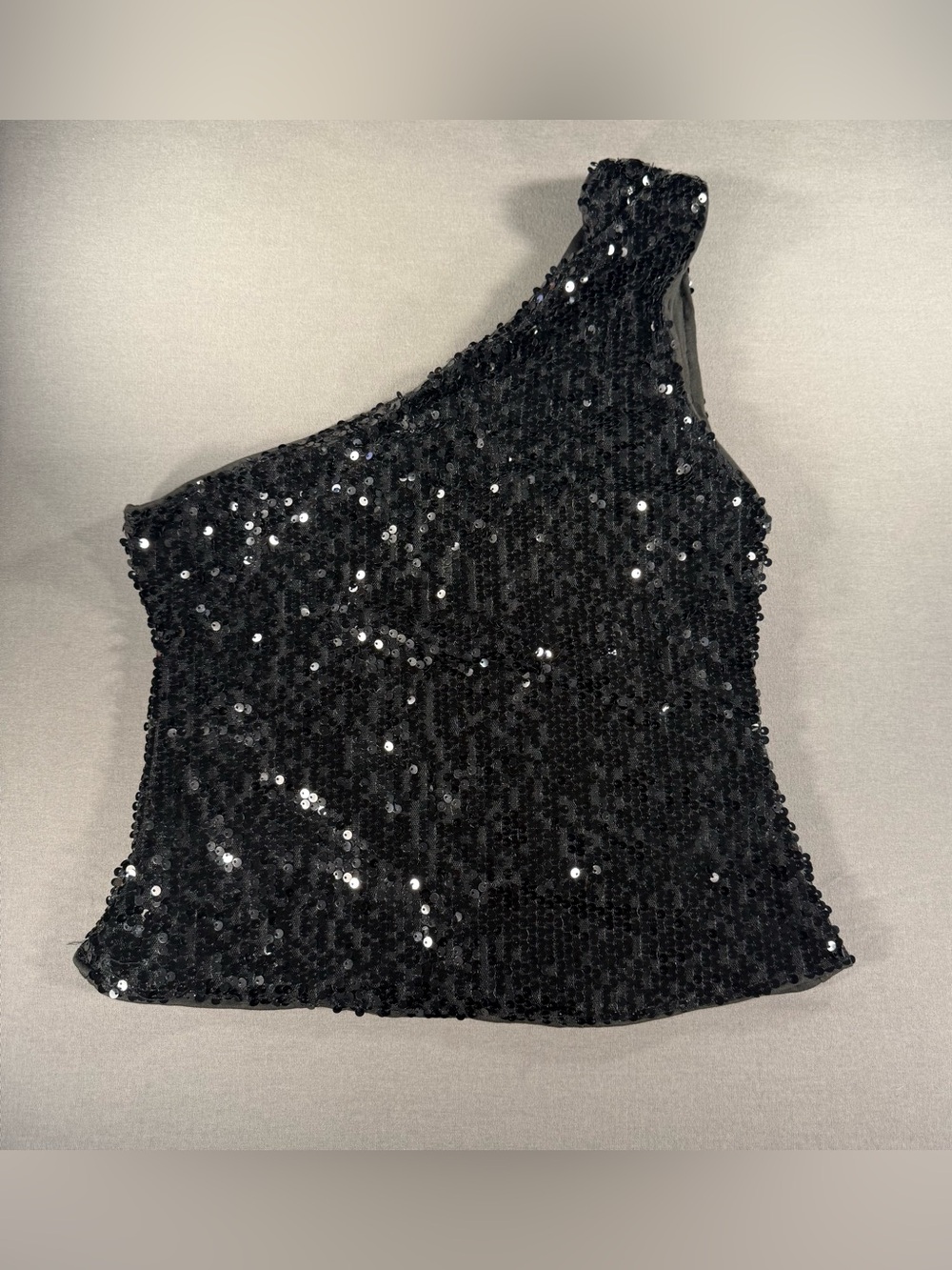 SOLY HUX Sparkly One-Shoulder Top - Sequin Crop, Black - Size Medium